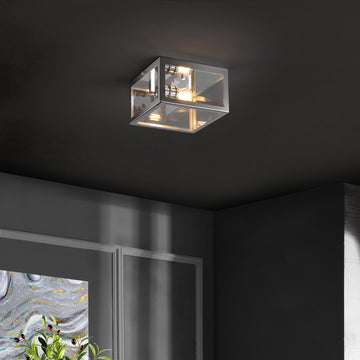 Eleanor 8" Farmhouse Industrial Square Iron/Glass Case LED Flush Mount - JONATHAN Y